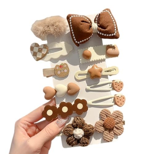 12 Pcs Super Cute Lovely Warm Autumn Winter Spring Theme Kids Hairpin Flower Floral Bear Bowknot Hair Clips Hair Decoration Women Girls Salon Hairstyle Hairdressing Grip Brown