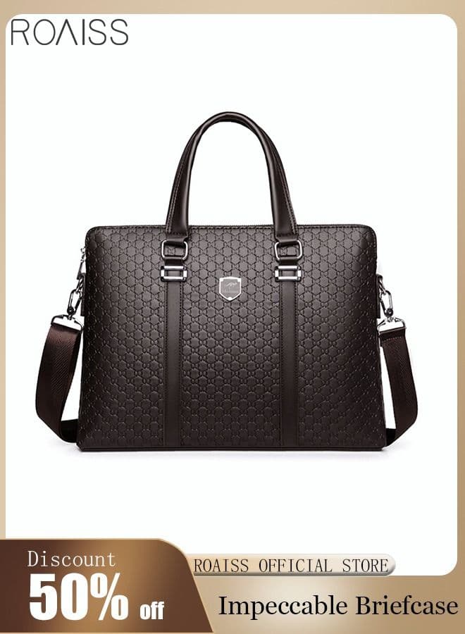 Classic Briefcase Textured Leather Laptop Messenger Bag for Men Travel Business Leather Lawyers Briefcase Shoulder Laptop Slim Bags Brown