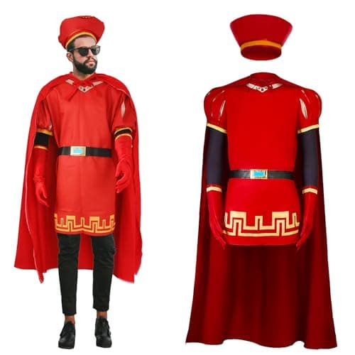 Xyeyo 6PCS Adult Lord Farquaad Costumes Outfits with Hat Shirt Cape Gloves King Cosplay Suit Men Funny Dress Up Halloween Carnival (L), Large, Red