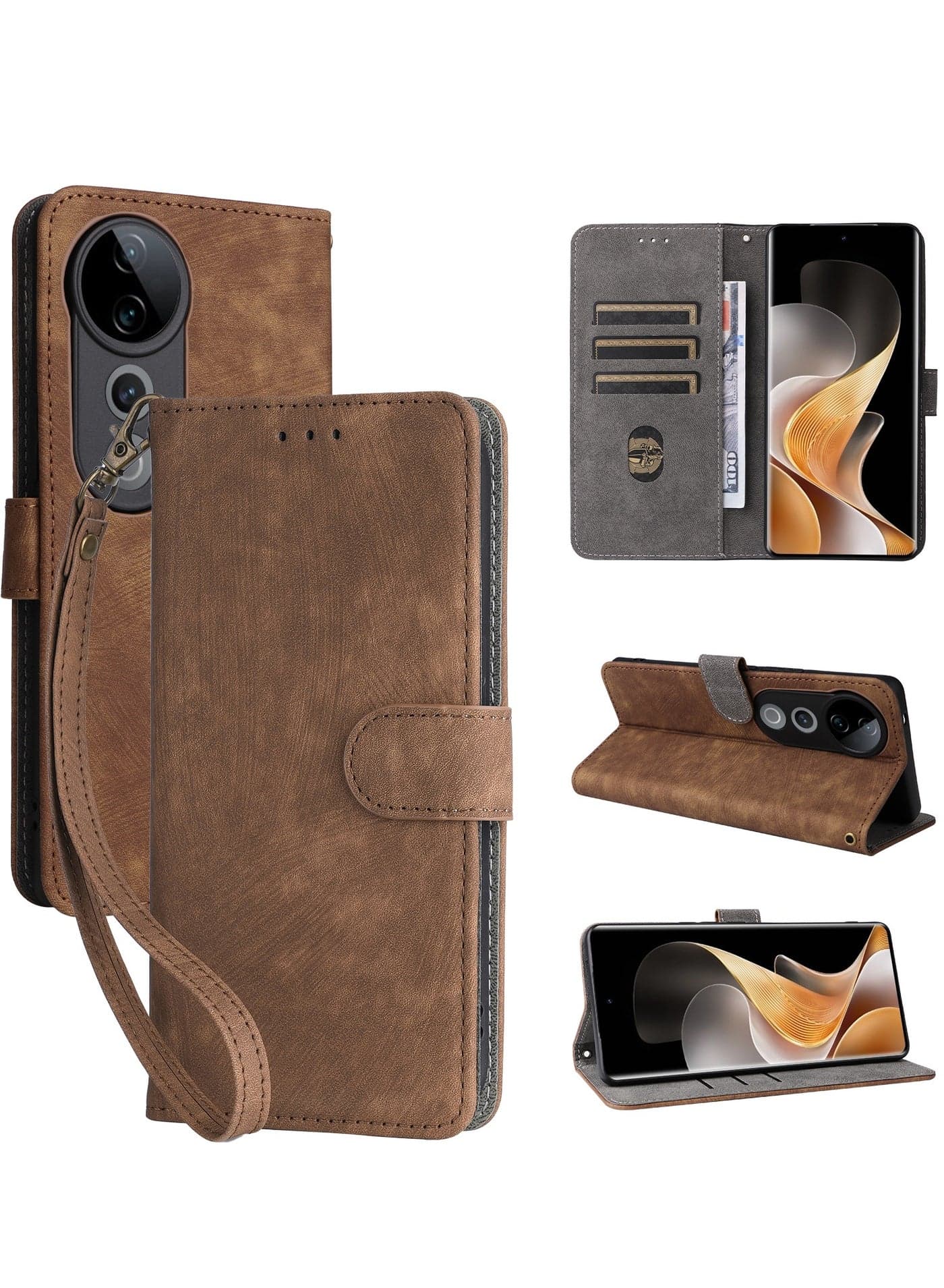 For ViVO V40 / ViVO V40 Pro Cover with Hand Strap, PU Leather Full Body Protection Shockproof Flip Mobile Cover, RFID Anti-theft Brush Folio Wallet Case