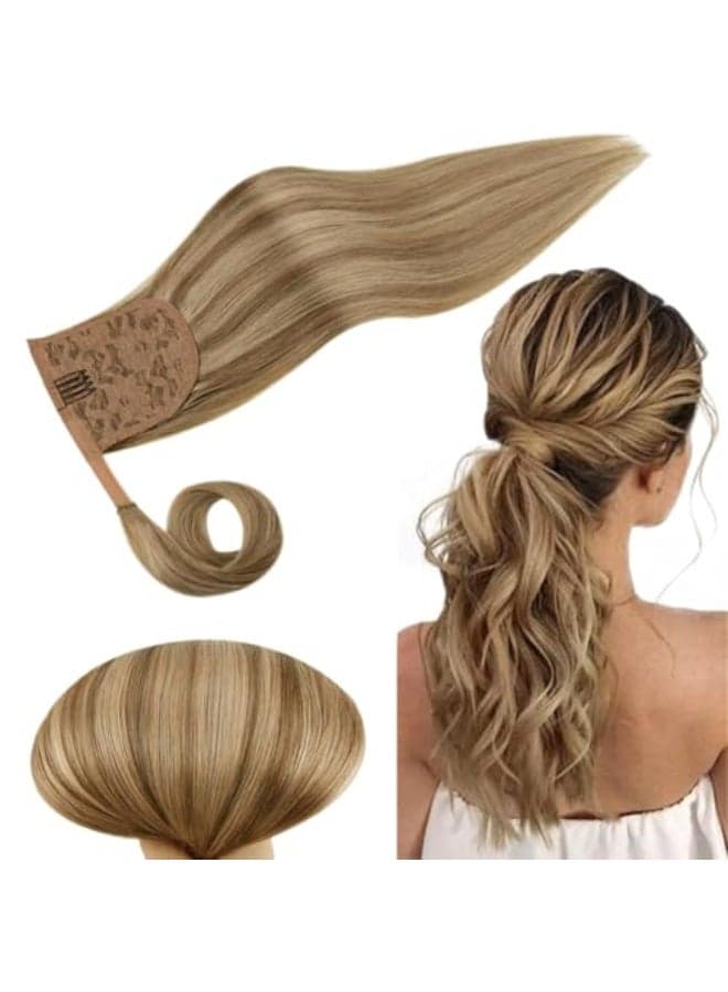 RUNATURE Human Hair Ponytail Extension Dark Blonde with Caramel Blonde Hair Ponytail Extension Human Hair with Magic Paste Short Straight Pony Tails Hair Extensions Straight Full Ends 14 Inch 70g