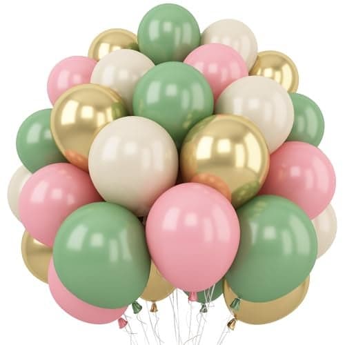 Togvu Sage Green Pink Balloon 60 Packs 12 Inch Olive Green Pink Balloon with Sand White Metallic Gold Balloons for Girls Baby Shower Birthday Jungle Safari Woodland Party Decorations