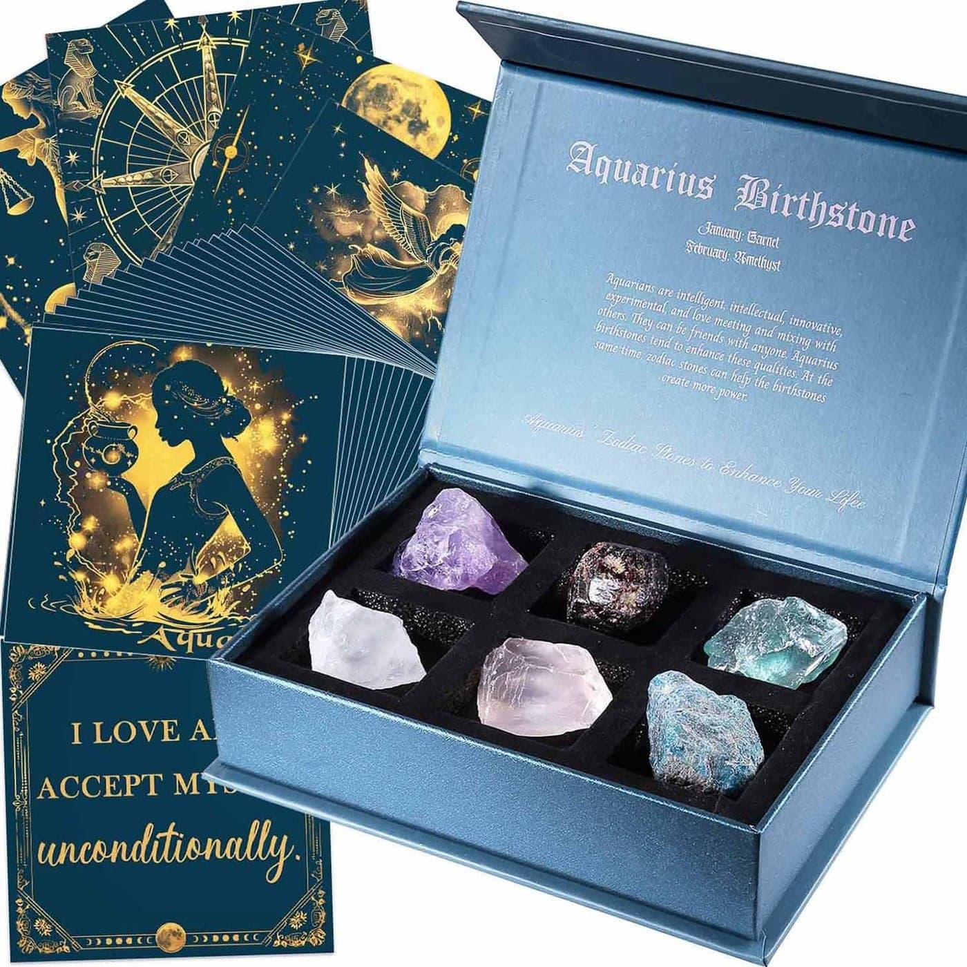 Faivykyd Aquarius Birthday Crystals Gifts w50 Daily Affirmations Cards and 6 Healing Crystals Natural Stones Positive Affirmations with Inspirational Quotes Spiritual Gifts for Women