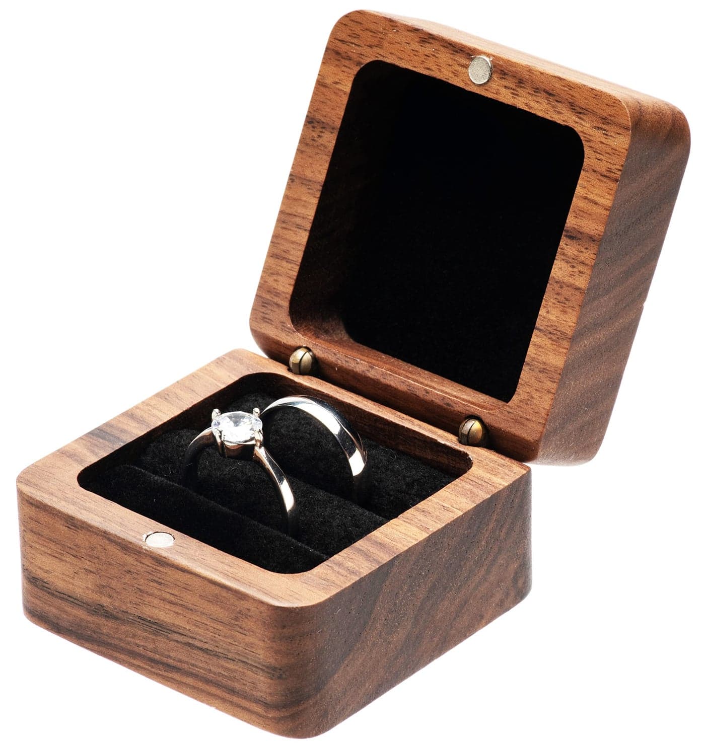 COSISO Square Solid Wood Double Ring Box Case for Wedding Ceremony Engagement ProposalWooden Ring Holder for 2 Rings Black Inner