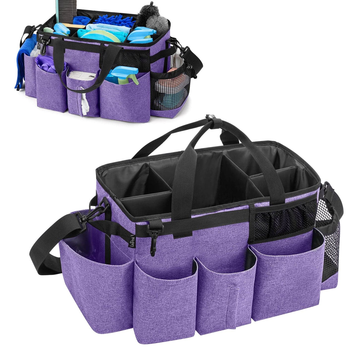 LoDrid Wearable Cleaning Caddy Bag with 4 Foldable Dividers Cleaning Supply Tote for Cleaning Supplies Cleaning Organizer with Shoulder Strap and Side Handles for Cleaners Housekeepers Purple