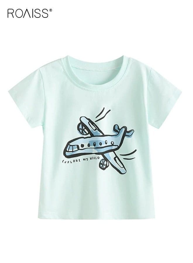 Boys Summer T-shirt with Airplane Print, Short Sleeve Round Neck T shirt, Stylish Unique Tops for Boys, Suitable for Daily Wear or Any Occasion