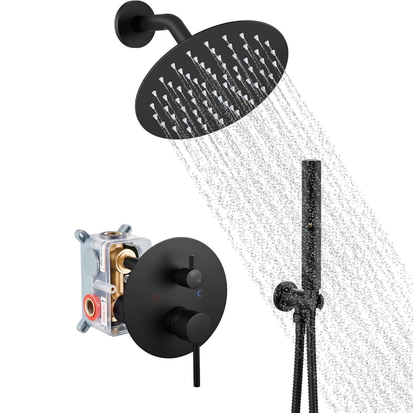 Airuida Shower Fixtures 2 Functions Shower Faucet Set Wall Mounted for Bathroom High Pressure Brass Handheld Shower with Roughin Valve Round Rainfall 8 Inch Shower Head Matte Black