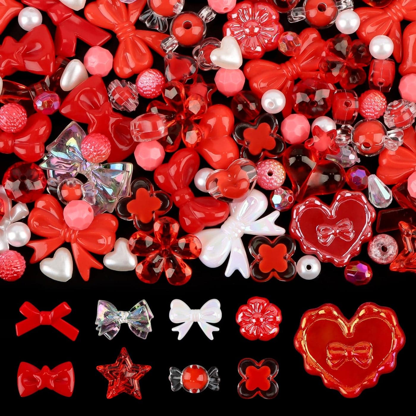 150PCS Valentines Day Acrylic Pastel Beads for Jewelry Making Kalolary Colorful Bow Butterfly Flower Kawaii Plastic Candy Heart Cute Macaroon Aesthetic Beads for Bracelet Necklace DIY Supplies Red