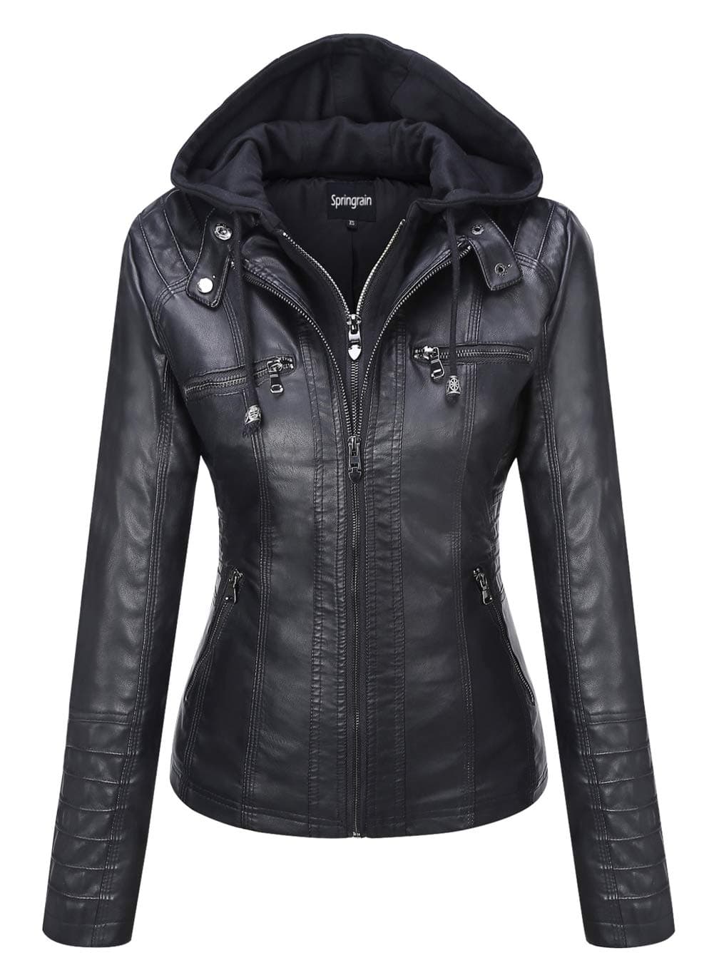 Springrain Womens Faux Leather Jacket Moto Biker Coat with Detachable Hood Motorcycle Jacket Large Black