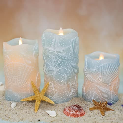 Silverstro Ocean Flameless Candles Remote Carved Seashell Real Wax Flicker Battery Operated Candles for Home Party Wedding Nautical Thanksgiving Christmas Easter Decor - Set of 3(Blue)
