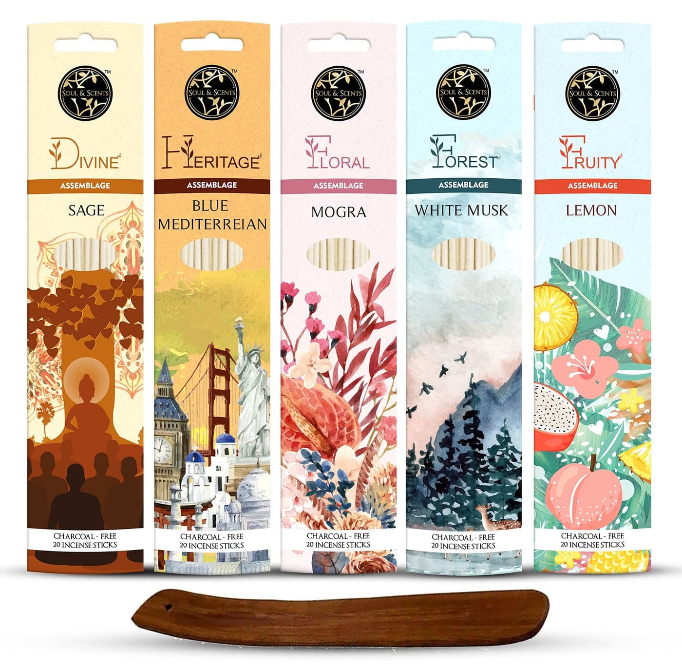 Soul & Scents Premium Incense Sticks | 5 Fragrances- Mogra, Lemon, White Musk, Sage, Blue Mediterreian | for Pooja, Meditation and Aromatherapy - Free Wooden Stand | Combo Pack of 5-20 Each
