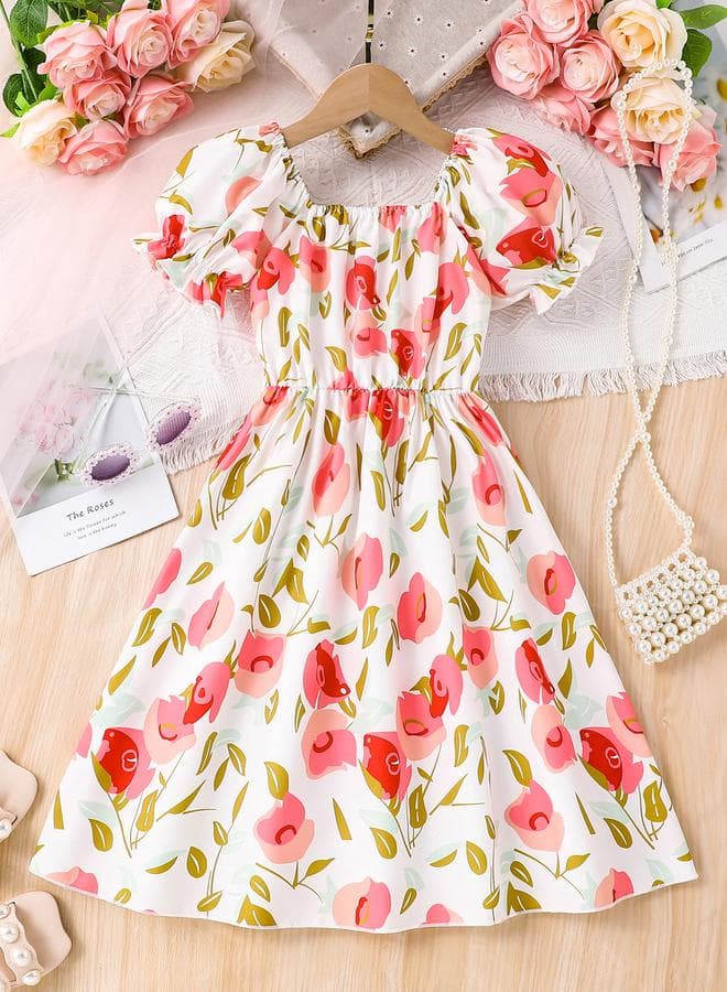 Girls Rose Print Puff Sleeve Dress