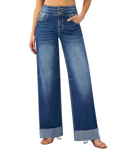 roswear Women's High Waisted Stretchy Wide Leg Jeans Cuffed Baggy Jeans Loose Denim Pants Blue Medium
