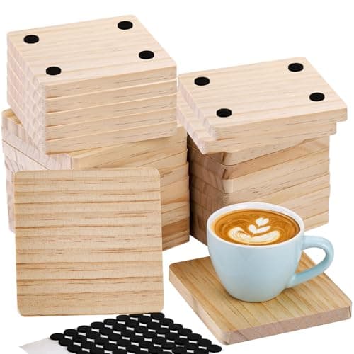 Dicunoy 20PCS Unfinished Wood Coasters, Square Blank Wooden Coasters for Crafts, 80PCS Foam Knots for DIY, Stained, Painted, Pyrography, Arts Craft, 4 x 4 in