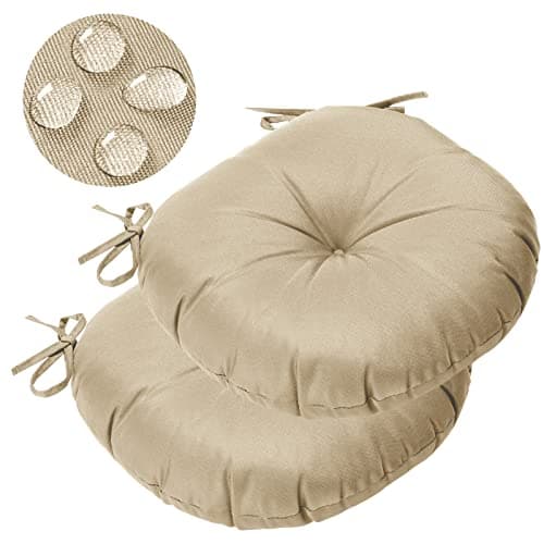 GUEGLSA Outdoor Tufted Round Cushions 15 inch, Waterproof Bistro Chair Cushions 15"x15"x3", Circular Seat Pads with Ties for Patio Garden, Set of 2, Khaki