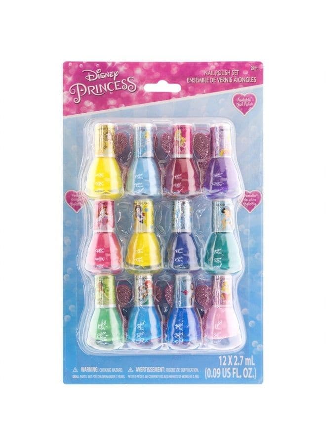 Disney Princess Non-Toxic Water-Based Peel-Off Quick Dry Nail Polish with Nail Separators|Gift Kit Set for Kids Girls|12 Pcs - Perfect for Parties, Sleepovers and Makeovers