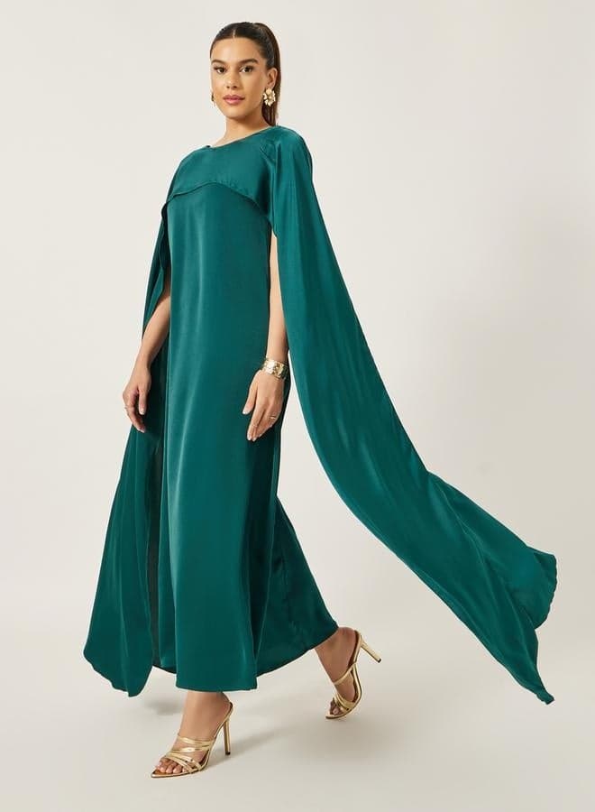Solid Cape Sleeve Round Neck Maxi Dress — L
