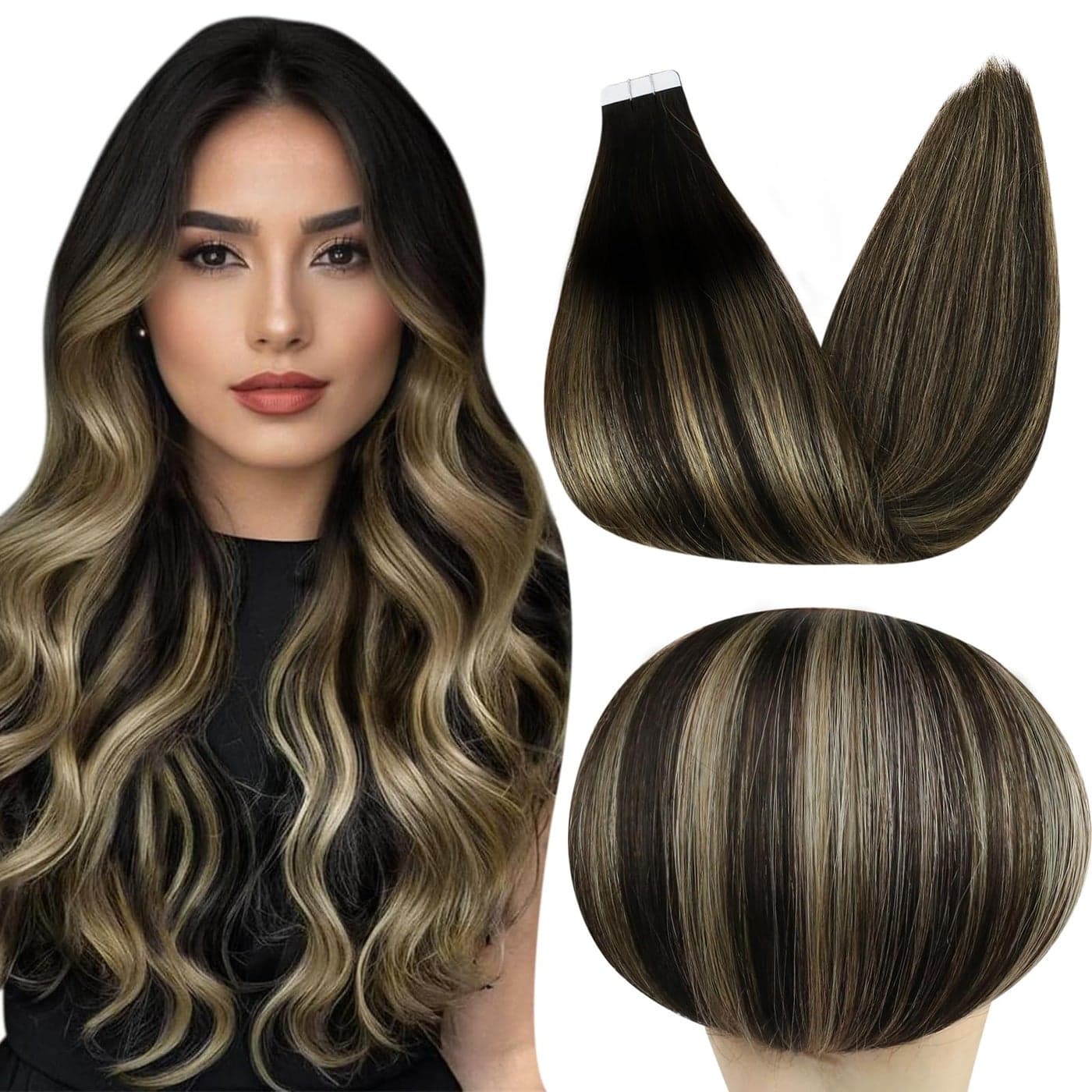 Full Shine Tape In Hair Extensions 20 Inch Real Human Hair Tape in Extensions 1B Off Black Fading to 27 Honey Blonde And Off Black 50 Grams Remy Seamless Adhesive Hair Extensions 20Pcs Add Volume