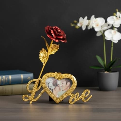 ascension Love Red Rose Showpiece Gift for Girlfriend Boyfriend Artificial Red Roses Flower with Love Photo Frame Stand for Table Valentine's Decoration Romantic Gifts for Valentine Day Birthday