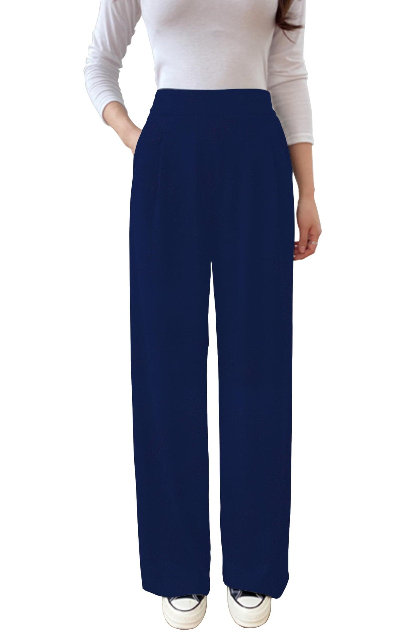 Shasmi Women's Trousers | High Waist Design | Wide Leg Pants | Elegant Design Stylish & Comfortable | All-Day Comfort Perfect for Formal, Casual & Party Occasions (145 Navy Blue-S)