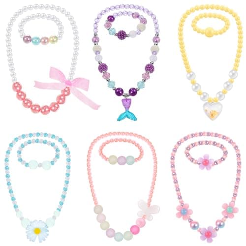 Sumind 6 Sets Toddler Jewelry for Little Girls Baby Beaded Necklace and Bracelet Costume Dress up Jewelry Gifts Princess Party FavorsFlower Style