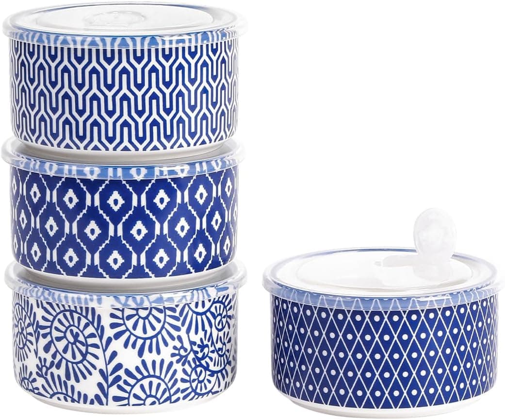 Selamica Ceramic Bowls with Lids14 OZ Small Serving Bowls with Lids for Lunch Picnic Microwave Safe 5 Inch Kitchen Food Storage Bowls Set of 4 for Prep Salad Pasta Cereal Vintage Blue
