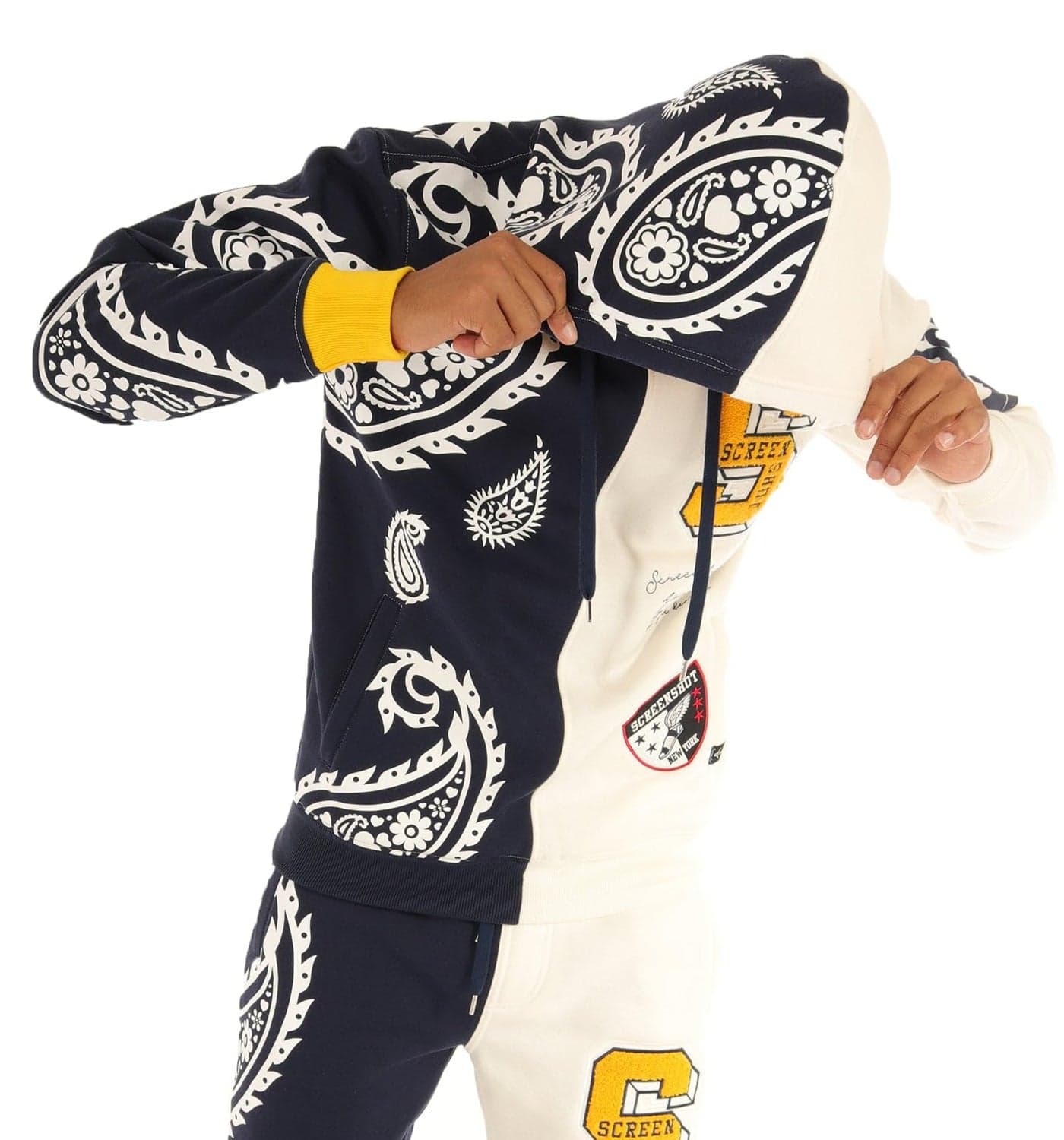 SCREENSHOT-H11356 Mens Streetwear Premium Urban Fleece Hoodie - Half Paisley Pattern Bandana Embroidery Patch Fashion Hooded Pullover Sweatshirt-Navy-2XLarge