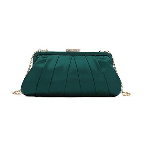 CHARMING TAILOR Classic Pleated Satin Clutch Bag Diamante Embellished Formal Handbag for Wedding/Prom/Black-Tie Events (Emerald Green)