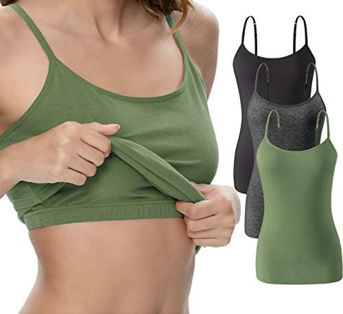 Vislivin Womens Cotton Camisole Adjustable Strap Tank Tops with Shelf Bra Stretch Undershirts 3 Pack Black/Dark Gray/ArmyGreen L