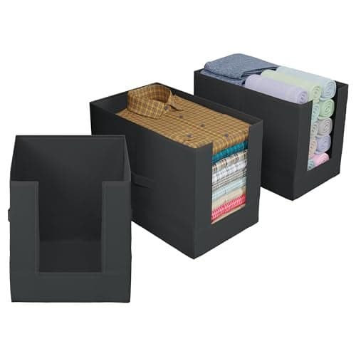Kuber Industries Shirt Organizer for Wardrobe|Foldable Non Woven Shirt Stacker|Designer Cupboard Organizer for Clothes |Clothes Storage box|Pack of 3 (Black)