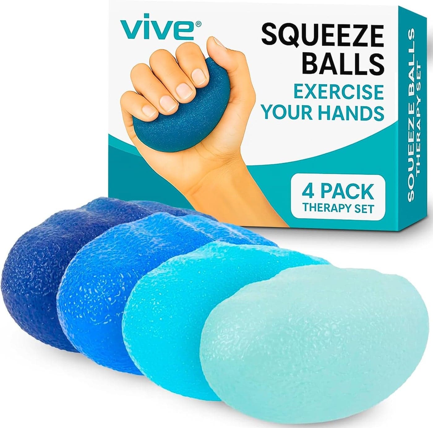Vive Squeeze Balls for Hand Therapy Set 4 Pack Grip Strengthener Occupational Exercise Equipment for Arthitis Parkinsons Stroke Carpal Tunnel Recovery Stress Relief Massage Putty Finger Toy
