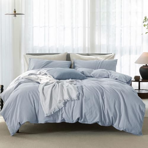 ELIMMO Queen Cooling Duvet Cover Set - 3 Pieces 100% Cotton Bedding, Breathable, Crisp Linen-Like Texture, Naturally Soft & Gets Better,Hidden Zipper & Corner Ties – Light Blue, 90"x90"