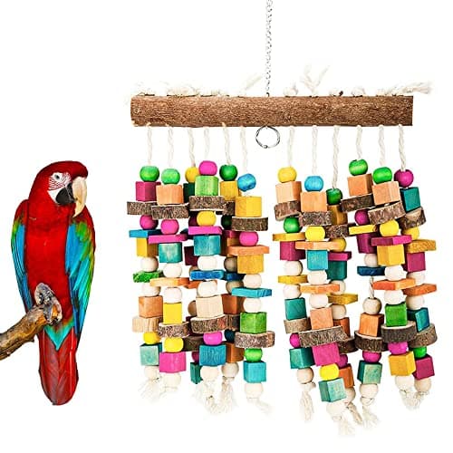 Kikerike Parrot Chewing Toy Bird Bite Toy with Colorful Wood Beads Multicolored Natural Wooden Block Cage Toys for Macaw Cockatoo Parakeets