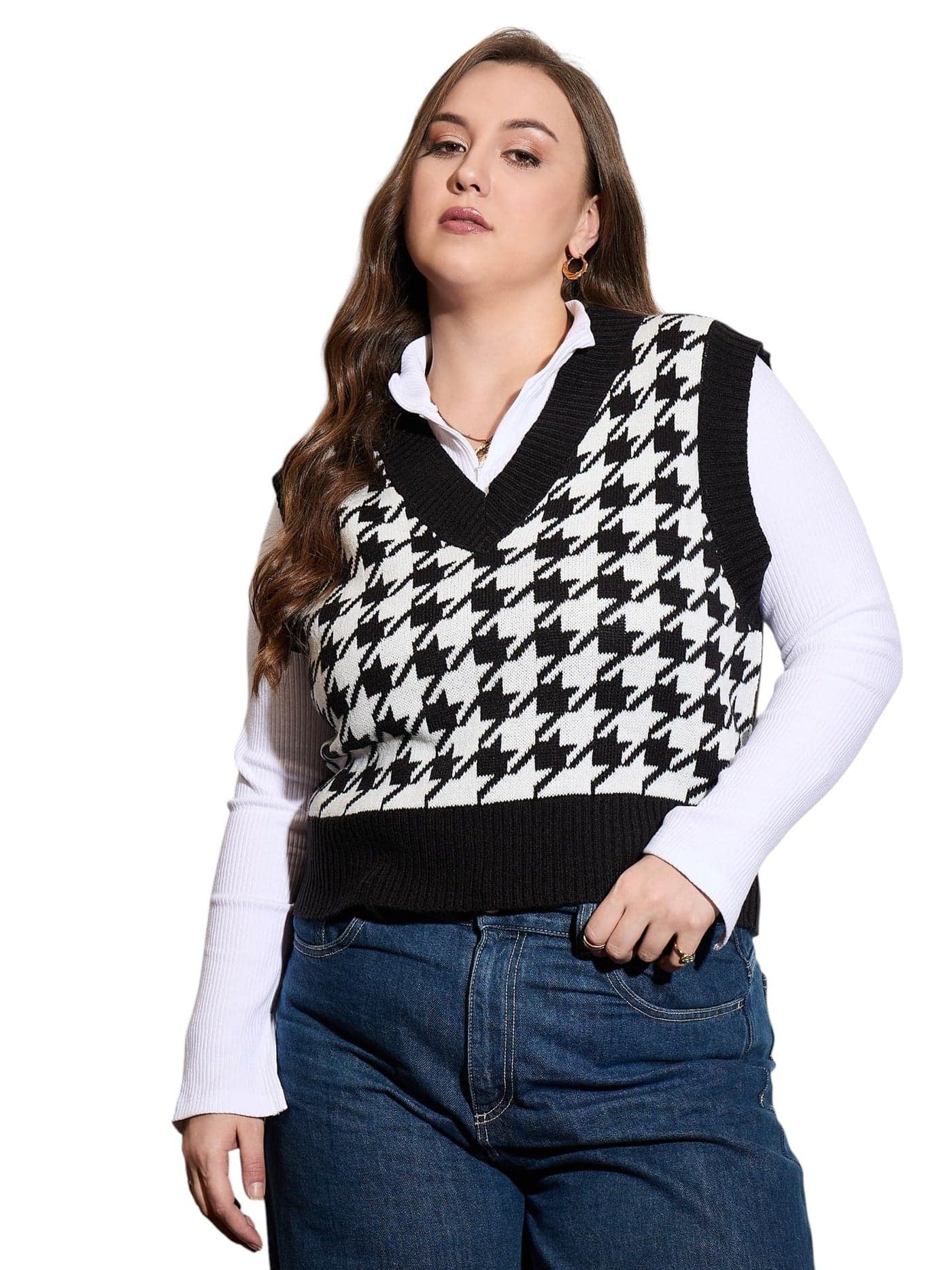 Black Houndstooth V-Neck Sweater Vest