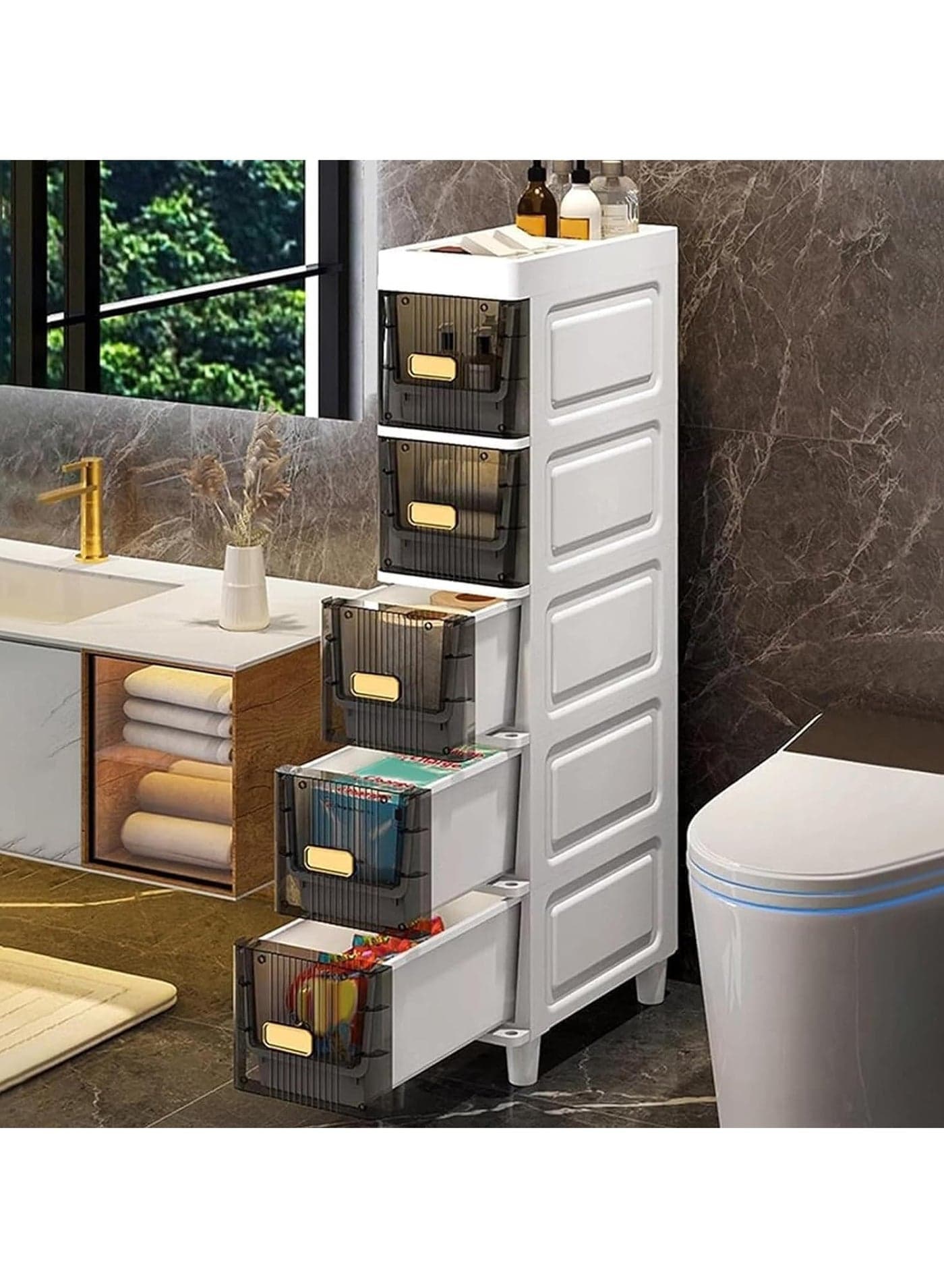 Plastic Storage Bins Narrow Storage Cabinet 5 -Tier Vertical Storage Cabinets With Drawers Slim Narrow Cabine Waterproof Design Multifunctional Organizer for Bedroom Bathroom Kitchen - Transparent Grey