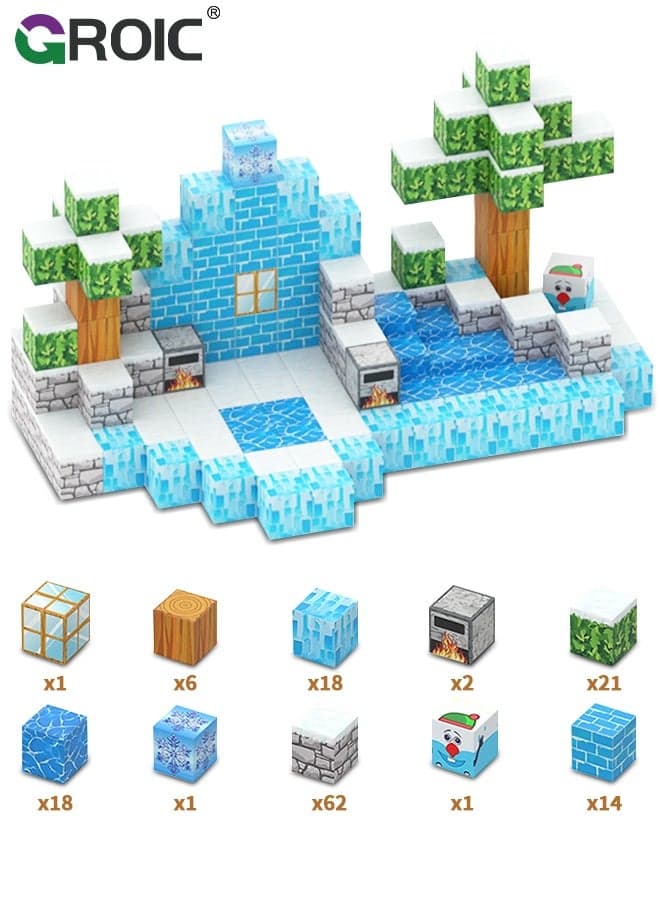144 Pcs Magnetic Building Blocks, Magnetic Blocks Build Ice Castle, Kids Magnetic Cubes Tiles Montessori Sensory Travel Magnet Toys Games STEM Sensory Toys Birthday Party Toddler Gifts