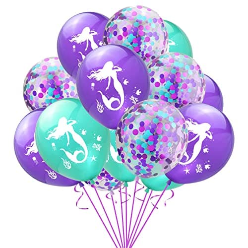 RasuDecor 15Pcs 12” Mermaid Theme Print & Confetti Latex Balloons Set mermaid tropical Aloha Beach Hawaii Party print for Kids Adults Party Supplies Decor #RasuImpex (15Pcs 12"MermaidLatex&Confetti2)