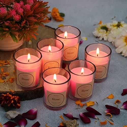 Floryn Decor® Votive Glass Candle | Perfume Candles for Home Decor | Candles for Home Decoration Fragrance | Burning Time- 10 Hours Each (Pack of 6, Scent- English Rose)