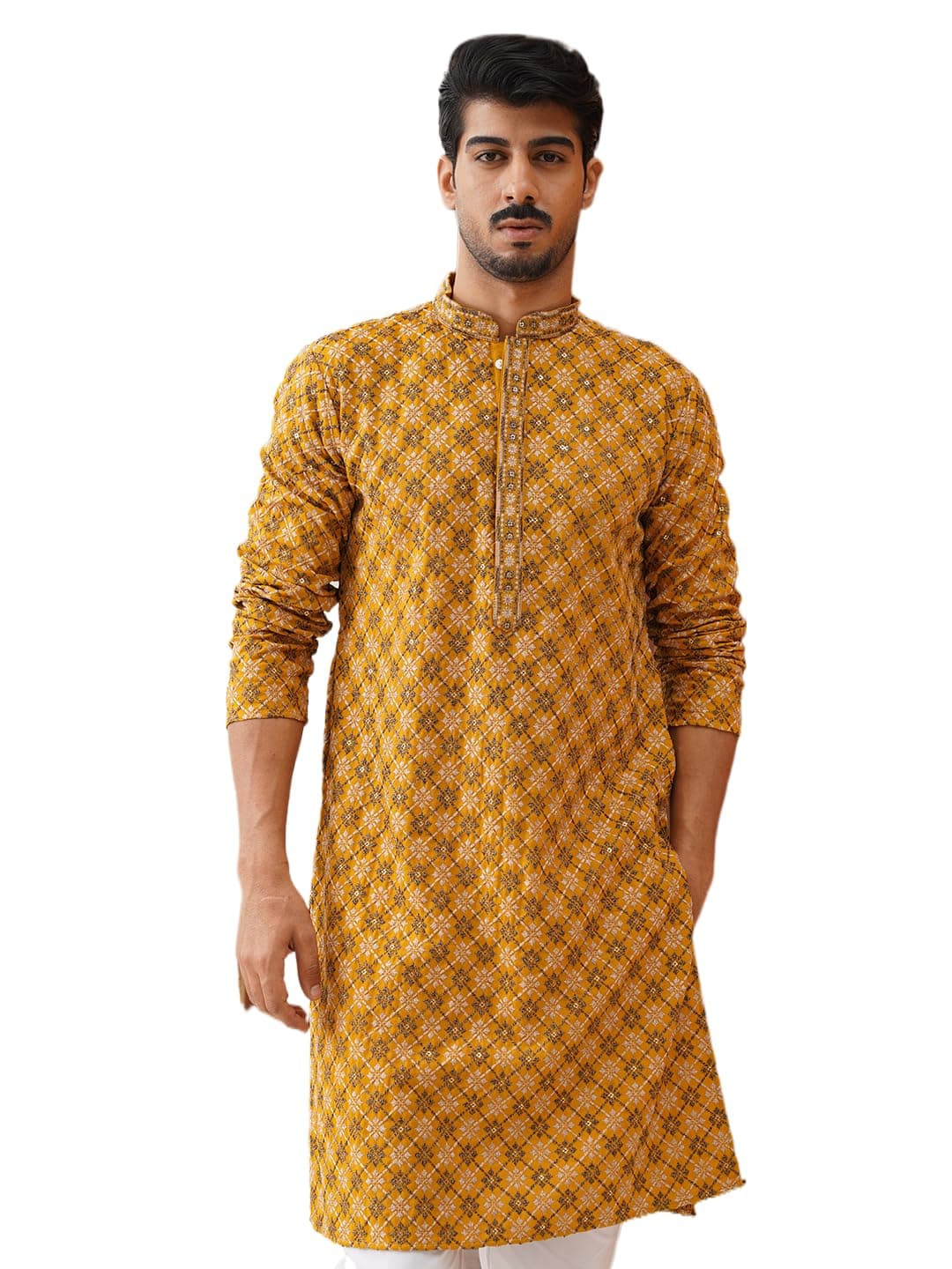 Jompers Mustard Embroidered Kurtas for Men (Mustard, M)