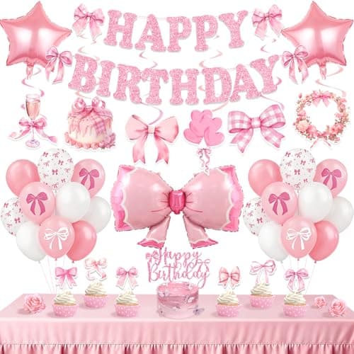 Pink Bow Birthday Party Decorations Girl Bow Themed Party Decorations Include Happy Birthday Banner Hanging Swirls Balloons Cake Toppers for Girls Baby Shower Bridal Shower Bachelorette Party Decor