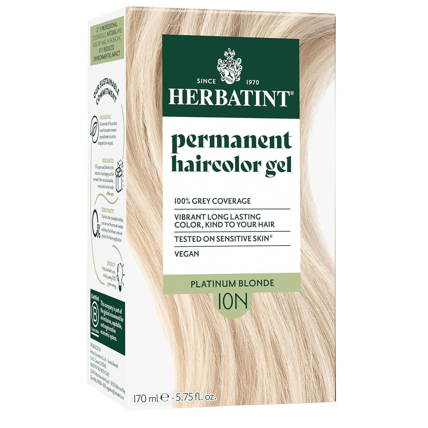 Herbatint Permanent Haircolor Gel 10N Platinum Blonde Alcohol Free Vegan 100 Grey Coverage 456 oz