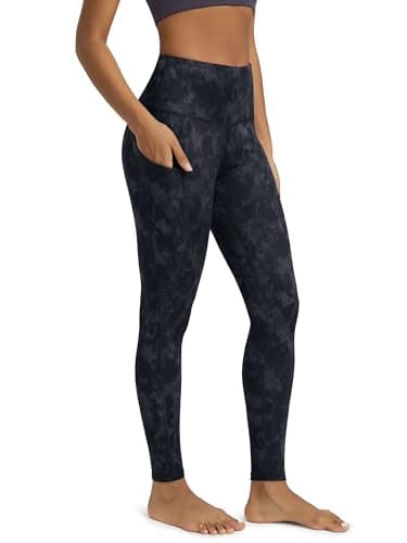 ODODOS Women's High Waisted Full Length Yoga Leggings with Pockets, 28" Inseam Tummy Control Non See Through Workout Athletic Running Yoga Pants, Tie Dye Smoke Ink, X-Large