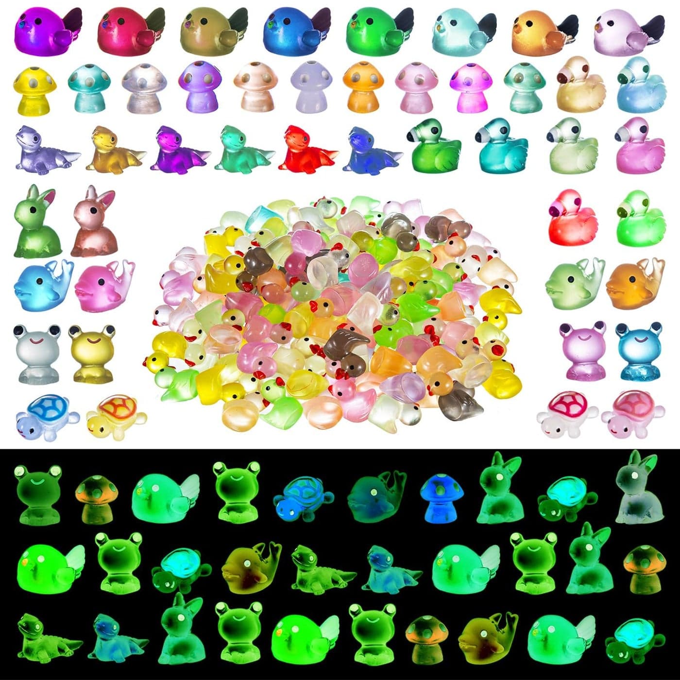 200PCS Luminous Mini Resin Ducks Tiny Frog Flamingo Glow in The Dark Animals Mushroom Rabbit Dolphin Dollhouse Landscape Garden Micro Dcor Aquarium Potted Figurine Turtle Lizard DIY Hide Seek Prank