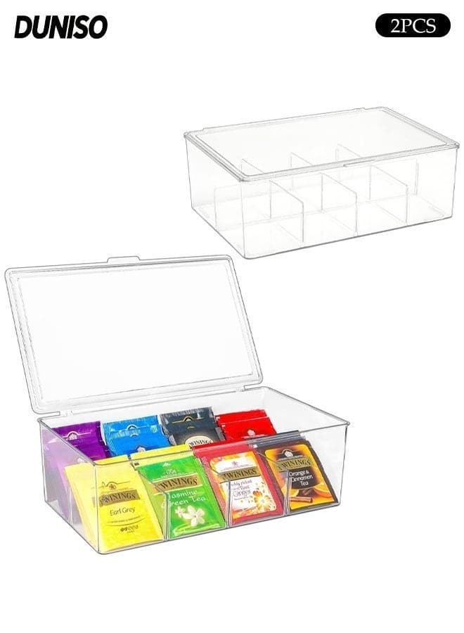 2 Pack Tea Bag Organizer Clear Acrylic Tea Storage Box with Lid, Plastic Tea Bag Holder Stackable Tea Organizer for Tea Bags Container Dispenser for Cabinet Pantry Counter Countertop -Clear