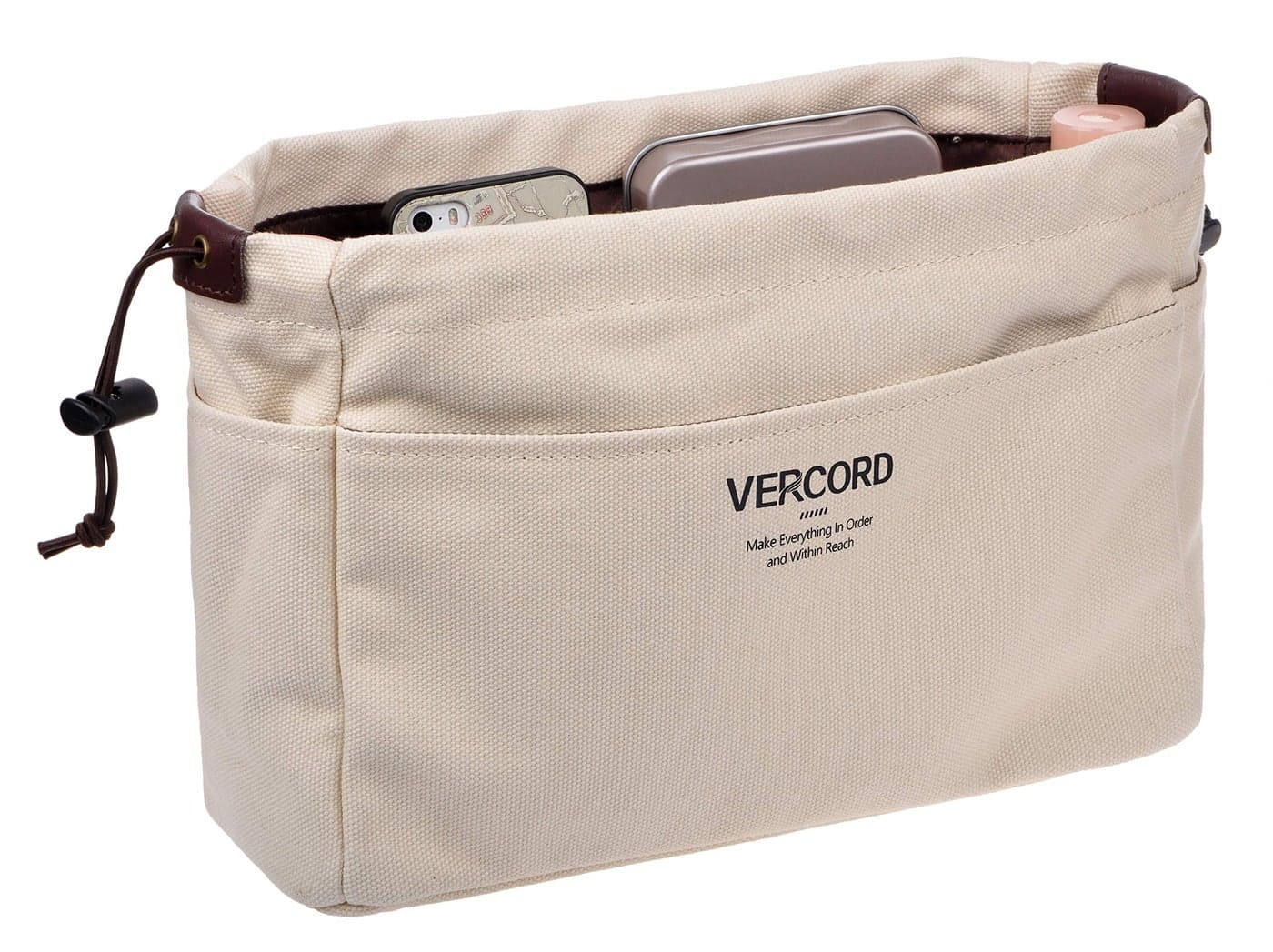 Vercord Canvas Handbag Organizers, Sturdy Purse Insert Organizer Bag in Bag, 10 Pockets Color Beige Large