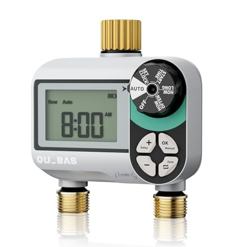QUOBAS Brass Sprinkler Timer, Programmable Water Hose Timer for Garden Hose Faucet with Waterproof LCD Screen, Rain Delay/Manual/Automatic Irrigation Watering System for Garden, Lawn, Yard - 2 Zone