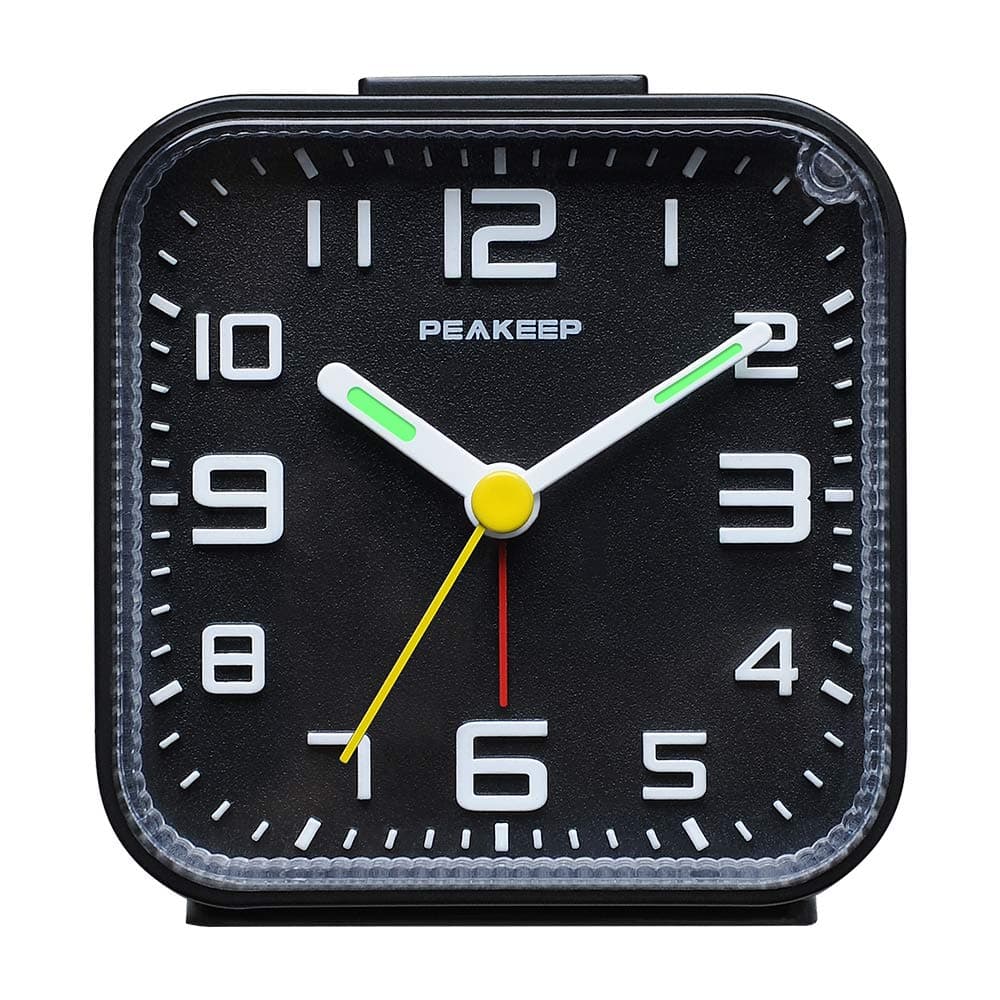 Peakeep 3D Numbers No TickTock Analog Alarm Clock with Classic Beep Sound Snooze Manual Light and Battery Powered Small for Travel Black3D