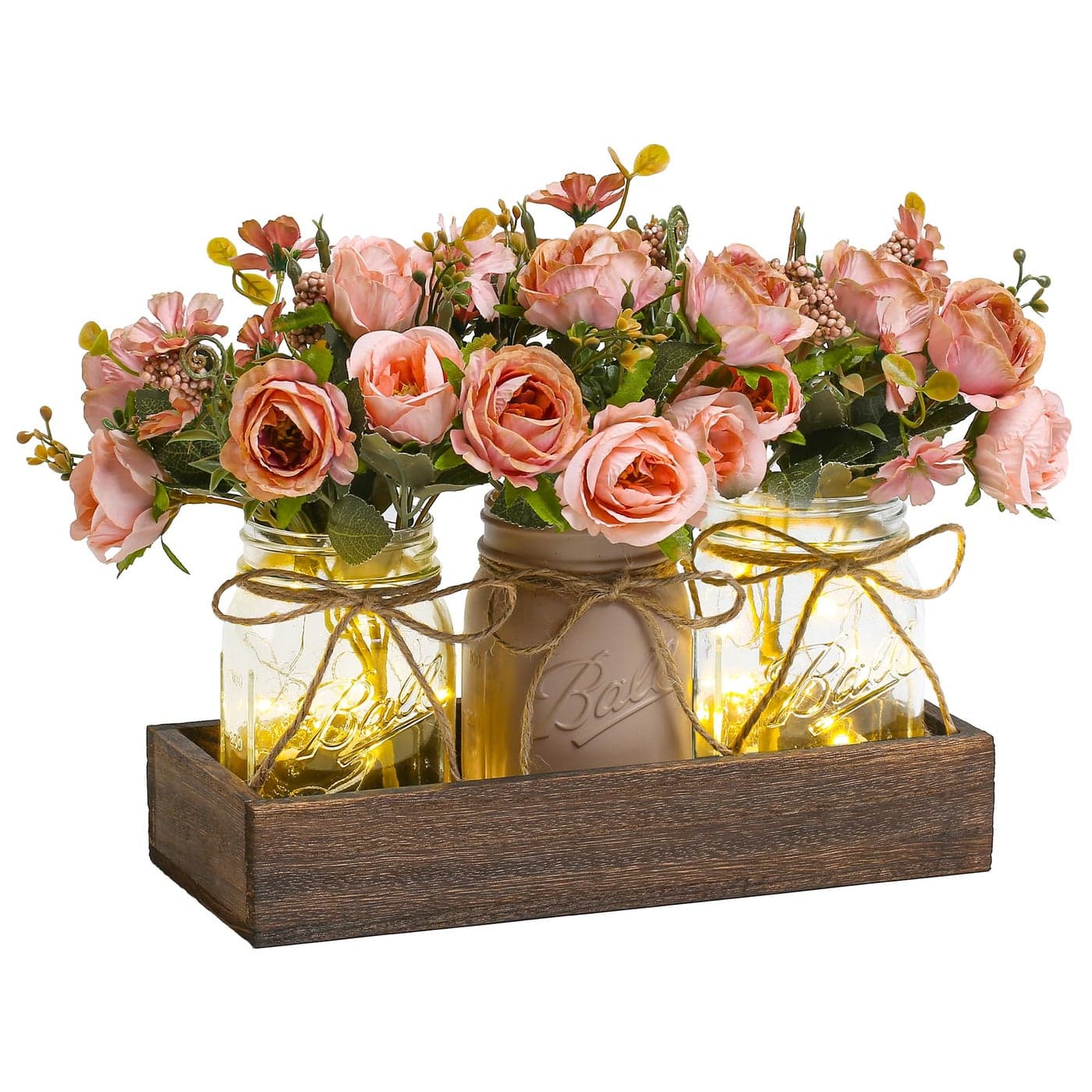 DUOER 3 Pcs Mason Jar Centerpiece Table Decorations for Dining Table Decor Farmhouse Coffee Table Decor with Wood Tray and Led Light Table Centerpieces for Dining Room Kitchen Living BathroomPink