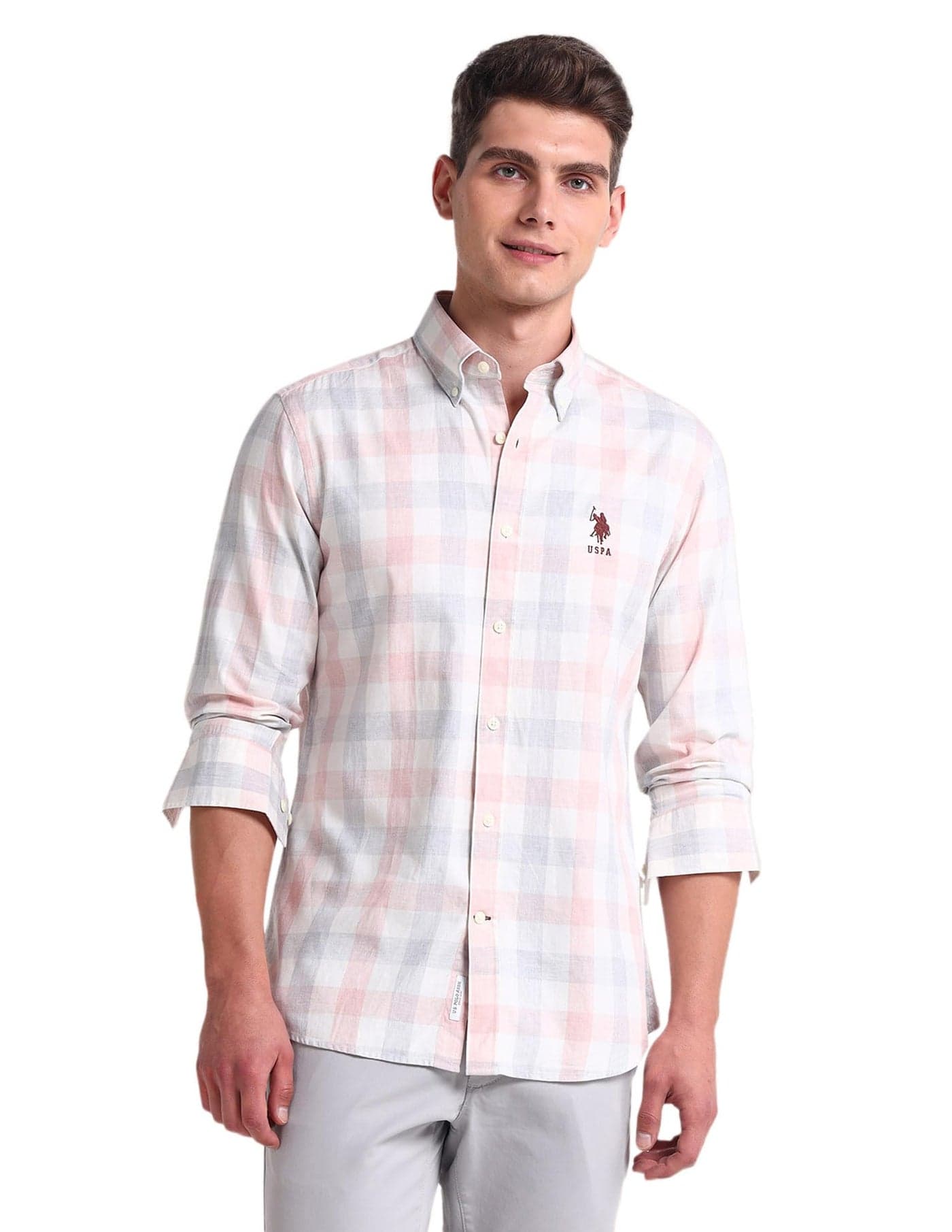 U.S. POLO ASSN. Mens Pink Printed Collared Neck Long Sleeve Men's Casual Shirts (USSHTFX0538_Pink_39)