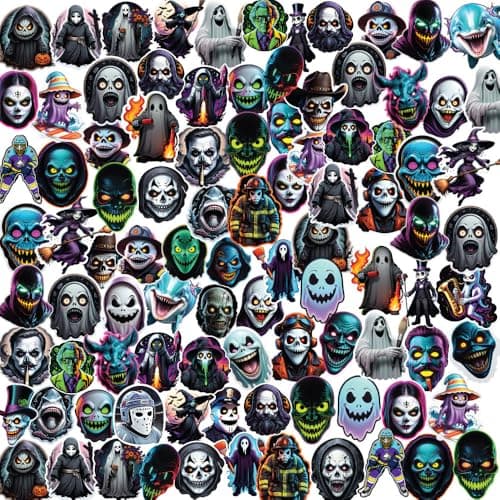 Phone Antics Ghost Sticker Bundle 2 Sheets 42+ Waterproof Vinyl Stickers Featuring Ghosts, Skulls, Witches & Spooky Characters Halloween Aesthetic for Laptops, Bottles, Journals, Scrapbooks